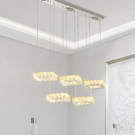 Nickel Beveled Crystal Square Cluster Pendant Light With Modern Design - 5 Heads