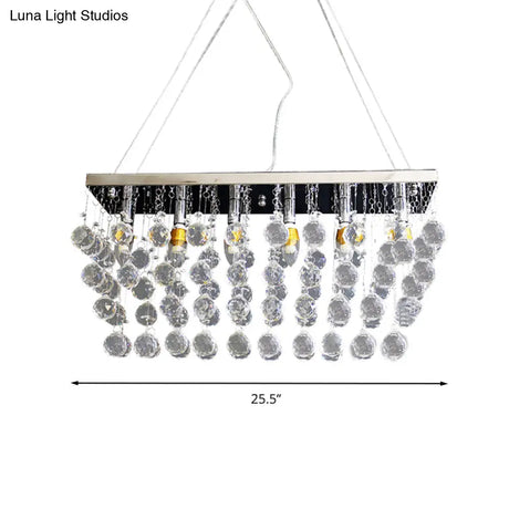 Nickel Rectangle Crystal Ball Chandelier - 6/9 Head Simple Style Hanging Lamp For Dining Room