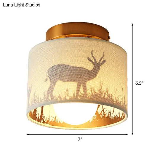 Nordic 1-Bulb Fabric Cylinder Flush Mount Light With Flower/Deer Pattern For Foyer