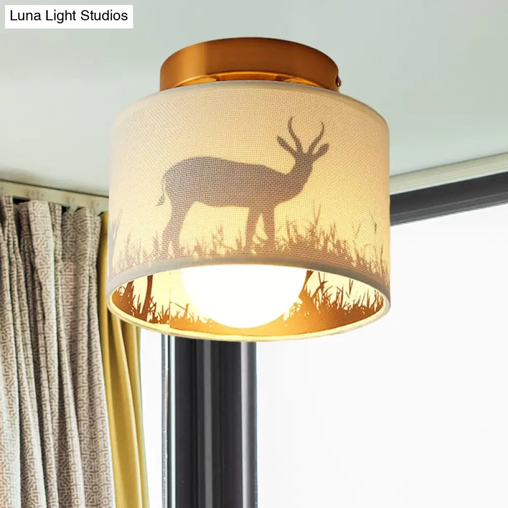 Nordic 1-Bulb Fabric Cylinder Flush Mount Light With Flower/Deer Pattern For Foyer