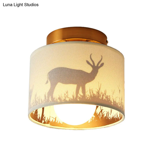 Nordic 1-Bulb Fabric Cylinder Flush Mount Light With Flower/Deer Pattern For Foyer