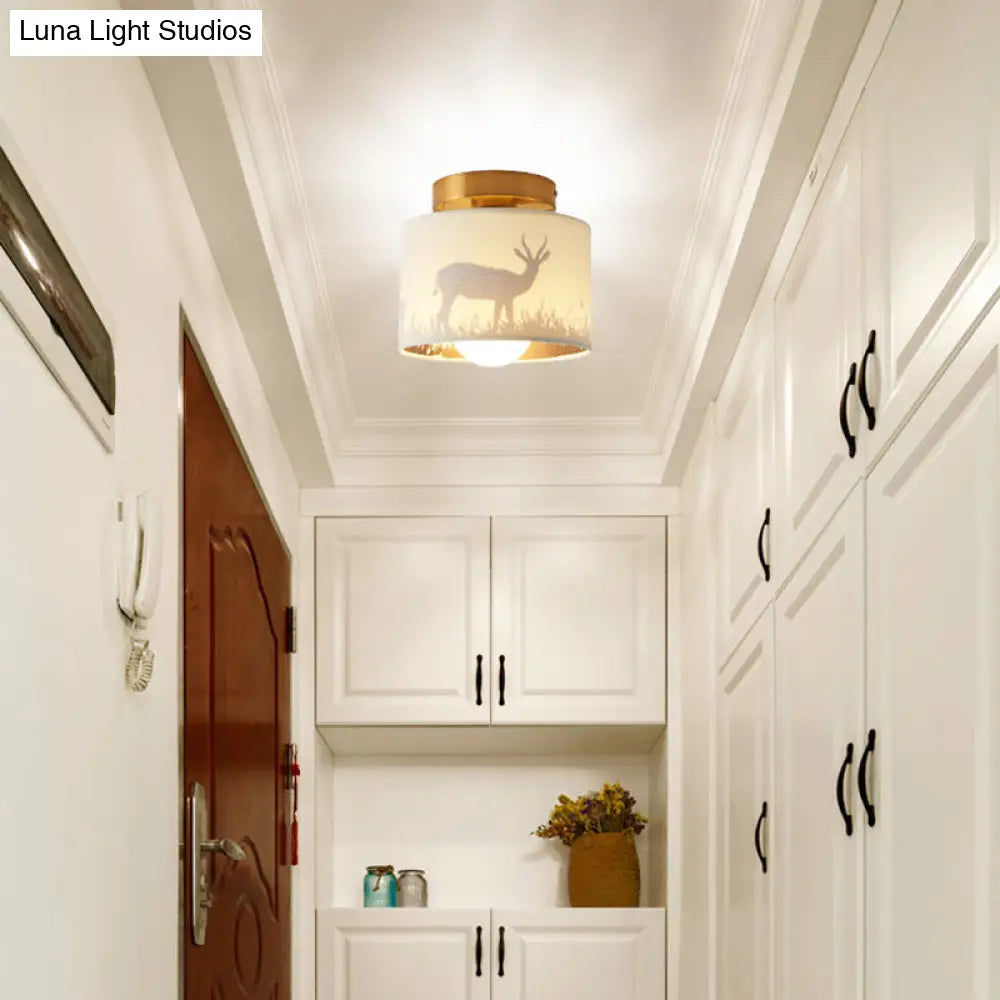 Nordic 1-Bulb Fabric Cylinder Flush Mount Light With Flower/Deer Pattern For Foyer