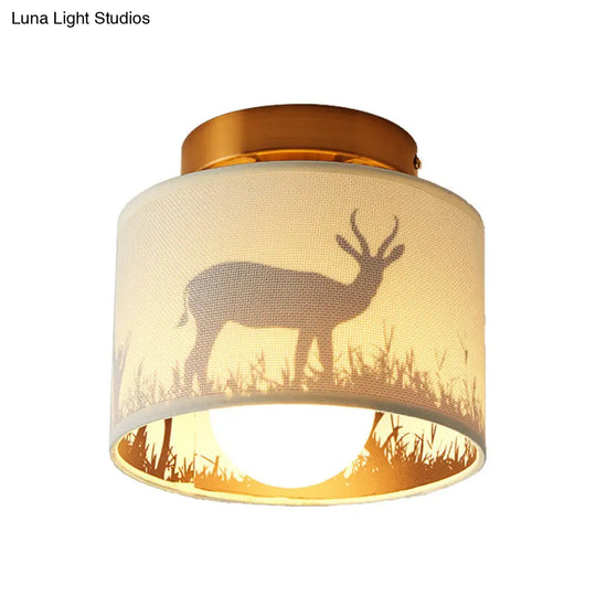 Nordic 1-Bulb Fabric Cylinder Flush Mount Light With Flower/Deer Pattern For Foyer