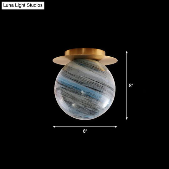 Nordic 1-Light Stained Glass Flush Mount Lamp: Elegant Brass Finish Ceiling Light For Corridor Blue
