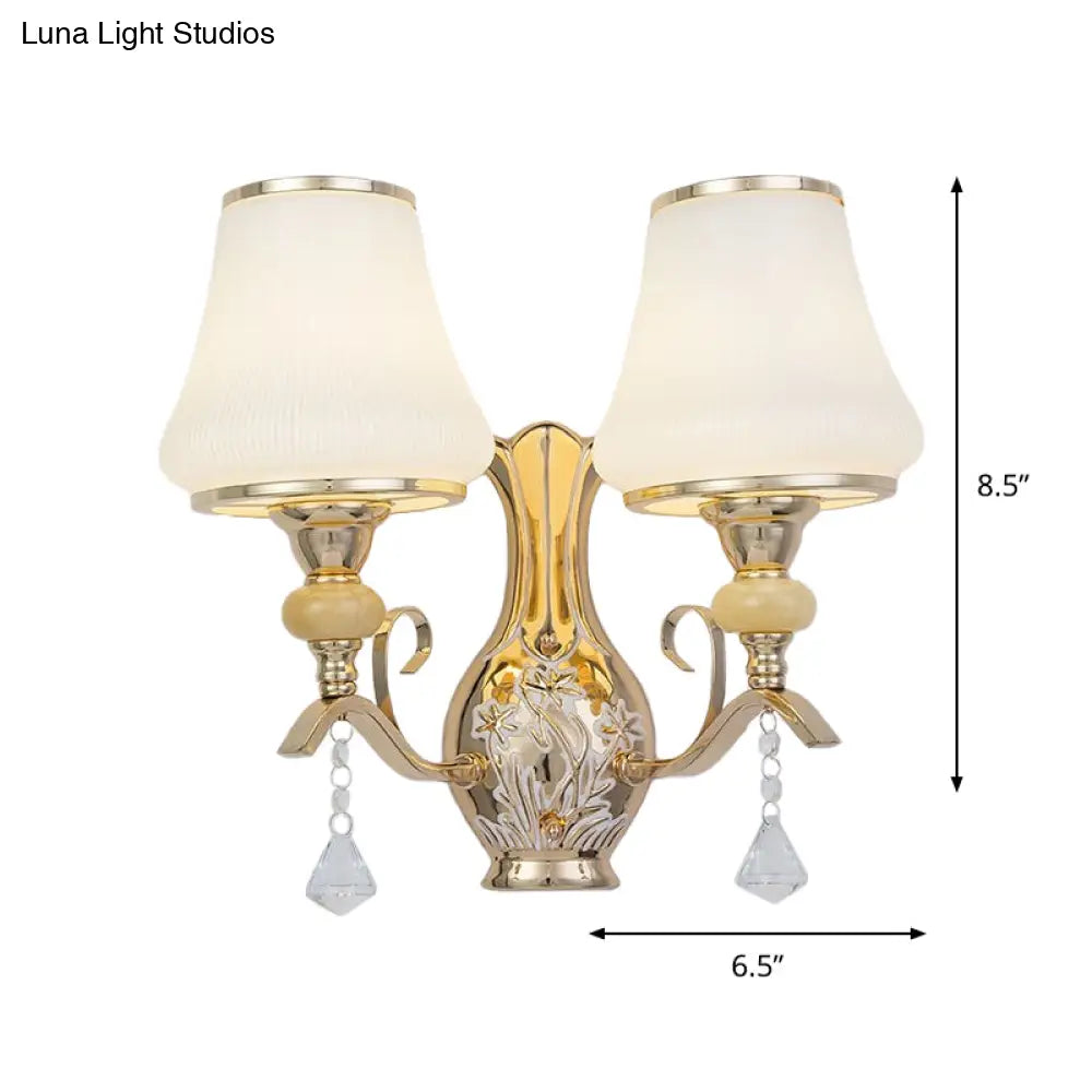 Nordic 2-Light Wall Sconce In Gold With Ribbed Glass Bell Shade: Elegant Living Room Lighting