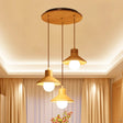 Nordic 3-Bulb Beige Flare Hanging Pendant Light With Natural Wood Finish For Dining Table