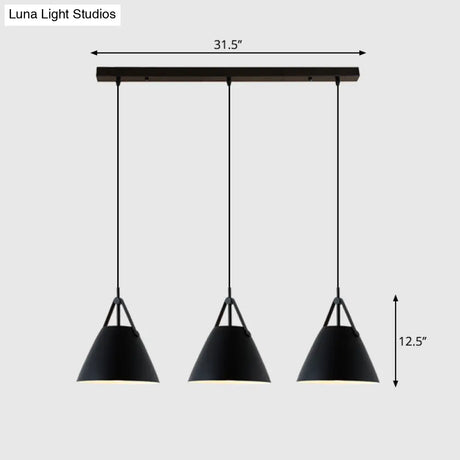 Nordic 3-Light Pendant Cluster With Conical Metal Shade & Leather Strap