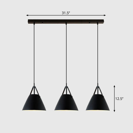 Nordic 3-Light Pendant Cluster With Conical Metal Shade & Leather Strap Black / Linear