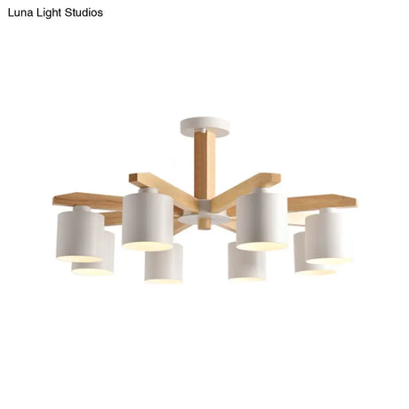 Nordic 6-Head Metal Ceiling Chandelier With Wood Arm In White/Green/Grey