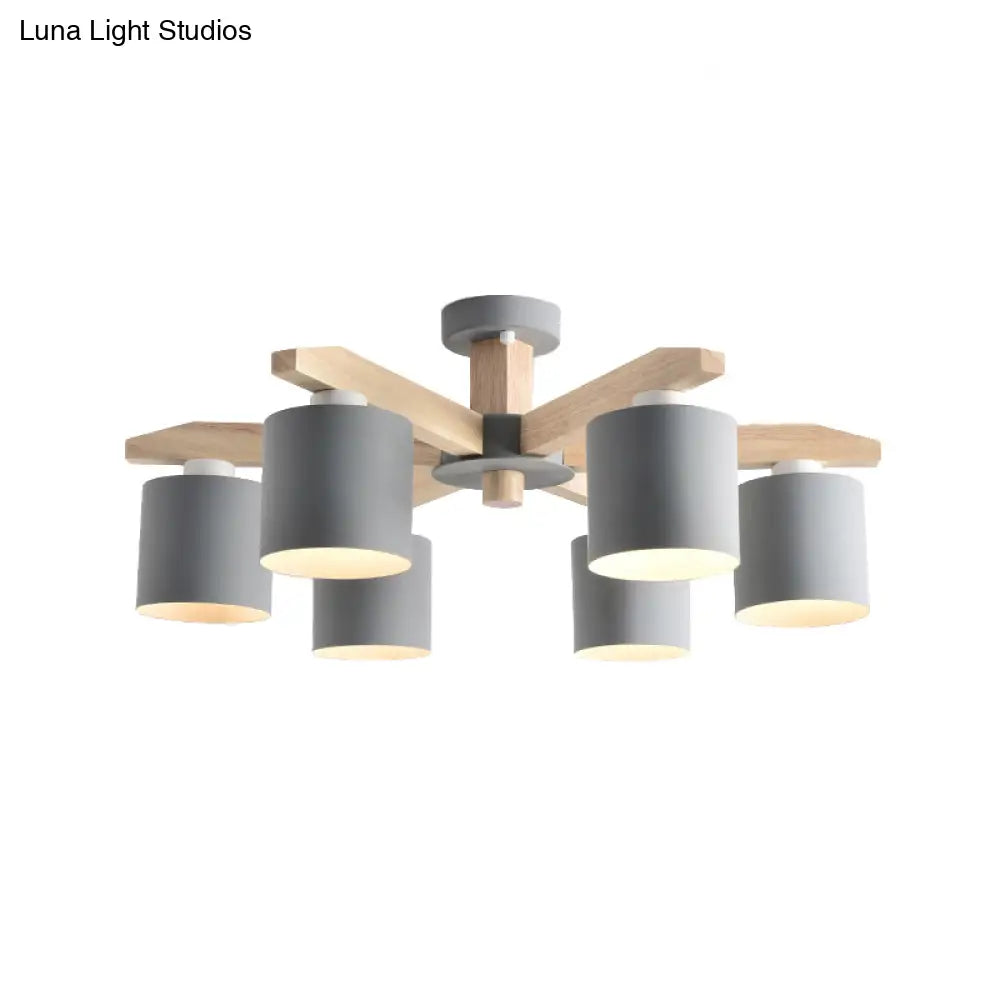 Nordic 6-Head Metal Ceiling Chandelier With Wood Arm In White/Green/Grey
