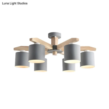 Nordic 6-Head Metal Ceiling Chandelier With Wood Arm In White/Green/Grey