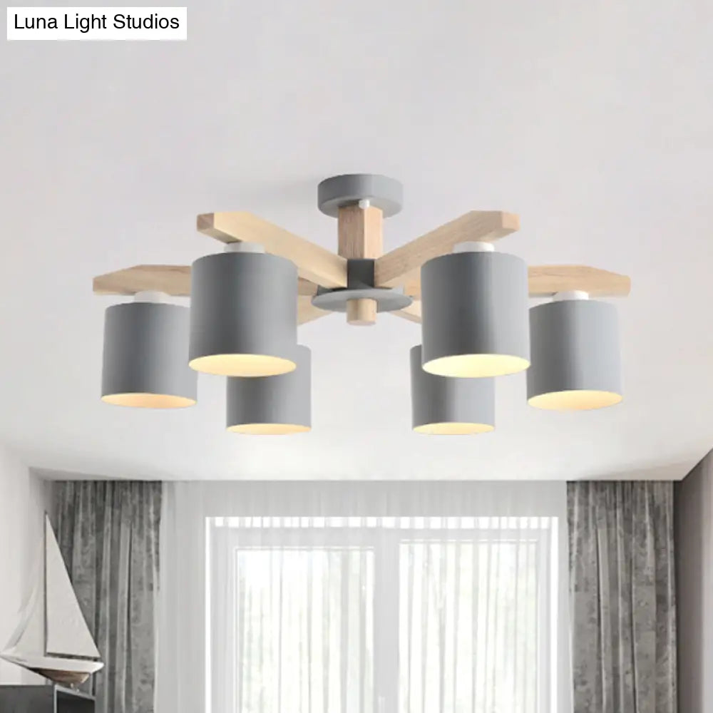 Nordic 6-Head Metal Ceiling Chandelier With Wood Arm In White/Green/Grey