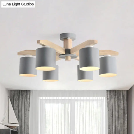 Nordic 6-Head Metal Ceiling Chandelier With Wood Arm In White/Green/Grey