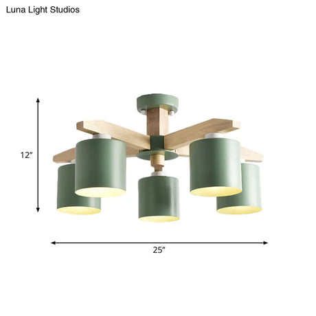 Nordic 6-Head Metal Ceiling Chandelier With Wood Arm In White/Green/Grey