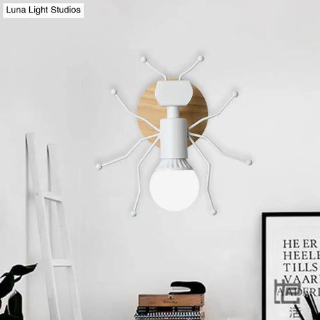 Nordic Ant Metal Sconce With Wood Backplate Wall Light - Grey/White/Green