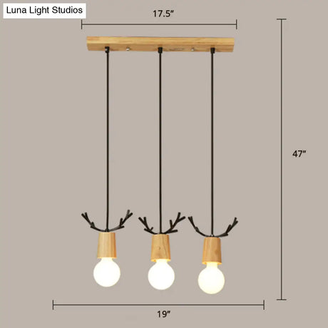 Nordic Antler Wooden 3-Light Hanging Pendant With Open Bulb Design For Restaurants