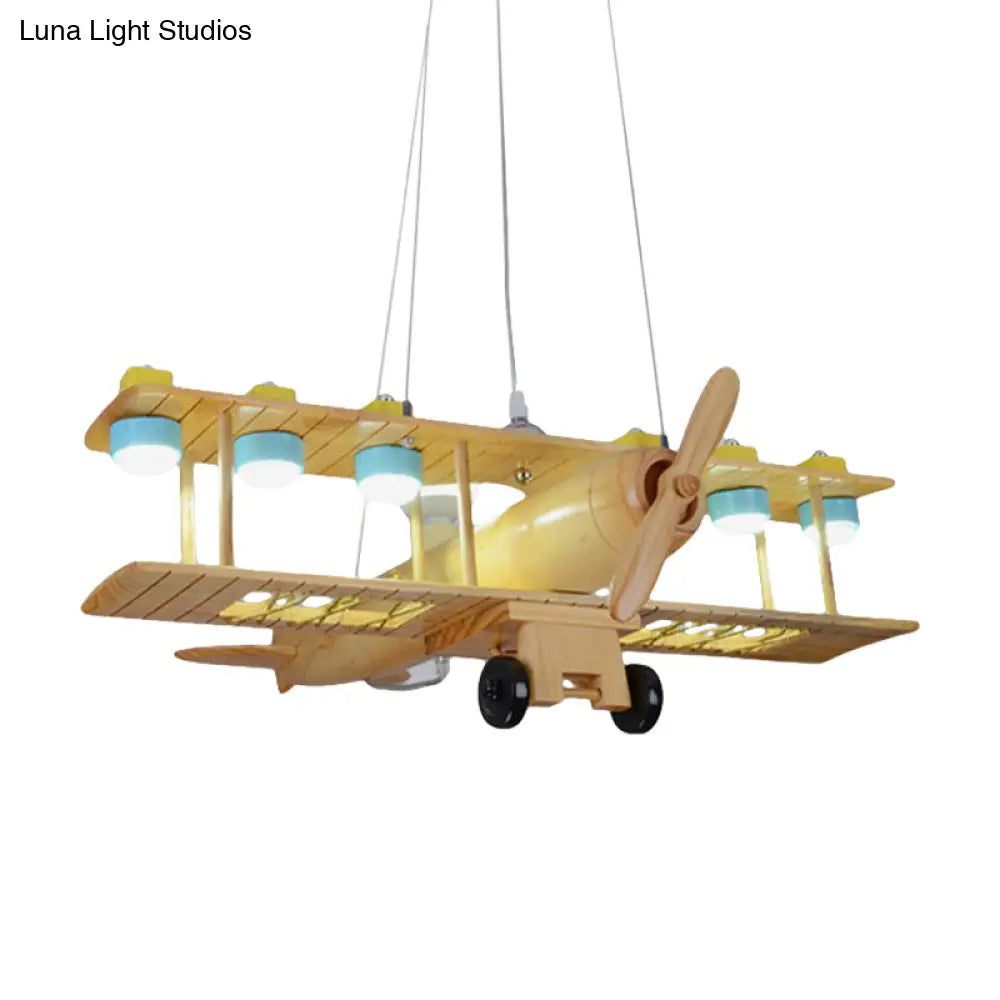 Nordic Beige Wood Pendant Light: Glider Shaped Hanging Light For Kindergarten