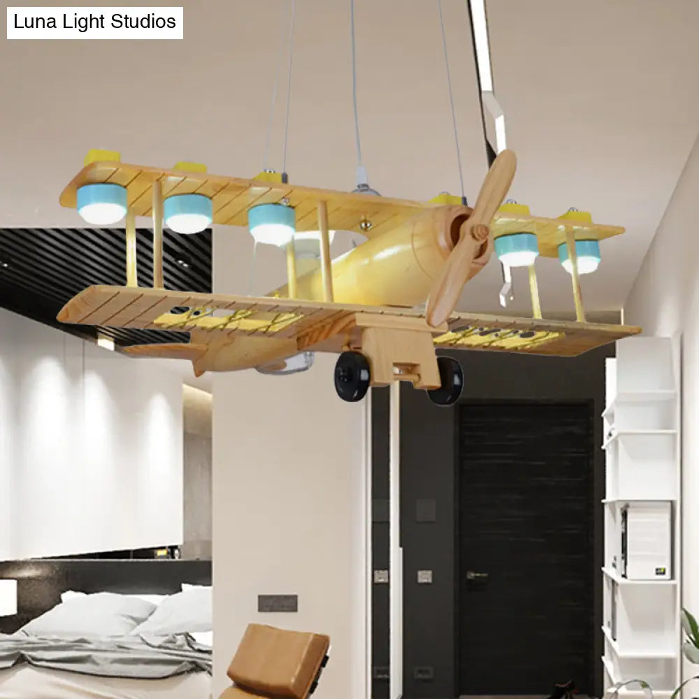 Nordic Beige Wood Pendant Light: Glider Shaped Hanging Light For Kindergarten