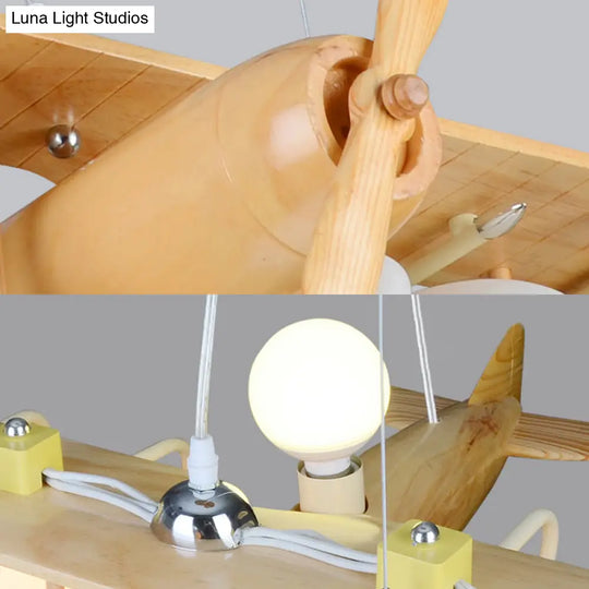 Nordic Beige Wood Pendant Light: Glider Shaped Hanging Light For Kindergarten