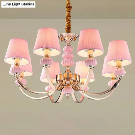 Nordic Chandelier Light: Conical Child Bedroom Hanging Lamp With Elegant Pleated Fabric And Arc Arm