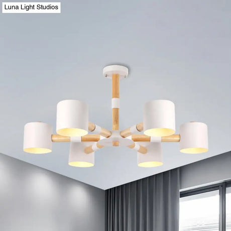 Nordic Chandelier: Metal & Wood Cylinder Shade Hotel Hanging Light With 6 Heads