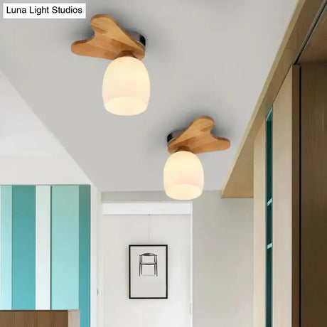 Nordic Cream Glass Bell Flush Ceiling Light With Antler Top And Wood Accents