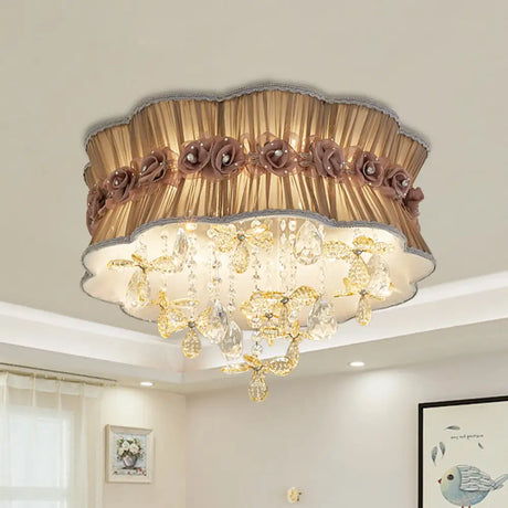 Nordic Crystal Floral Flushmount Light With Sheer Fabric Shade - Coffee/Pink 6-Bulb Close To