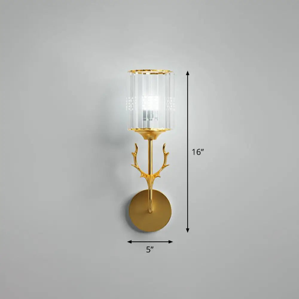 Nordic Crystal Prism Wall Sconce With Antler Design - Cylinder Mount Light 1 / Gold