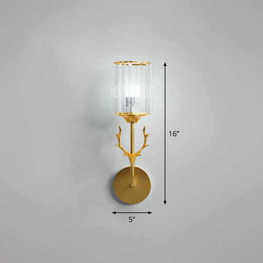 Nordic Crystal Prism Wall Sconce With Antler Design - Cylinder Mount Light 1 / Gold