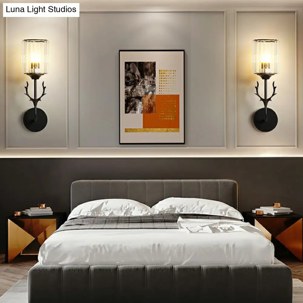Nordic Crystal Prism Wall Sconce With Antler Design - Cylinder Mount Light