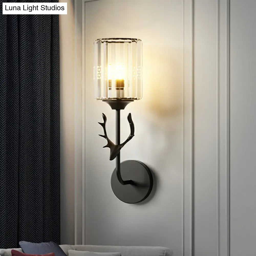 Nordic Crystal Prism Wall Sconce With Antler Design - Cylinder Mount Light