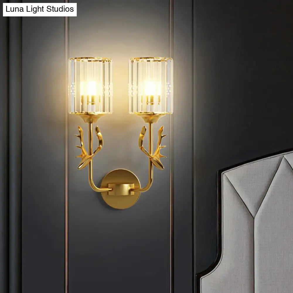 Nordic Crystal Prism Wall Sconce With Antler Design - Cylinder Mount Light