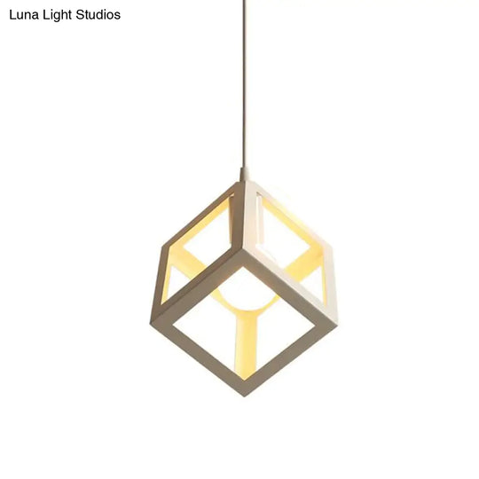 Nordic Cube Frame Metal Ceiling Pendant Light In White - 1-Head Down Lighting