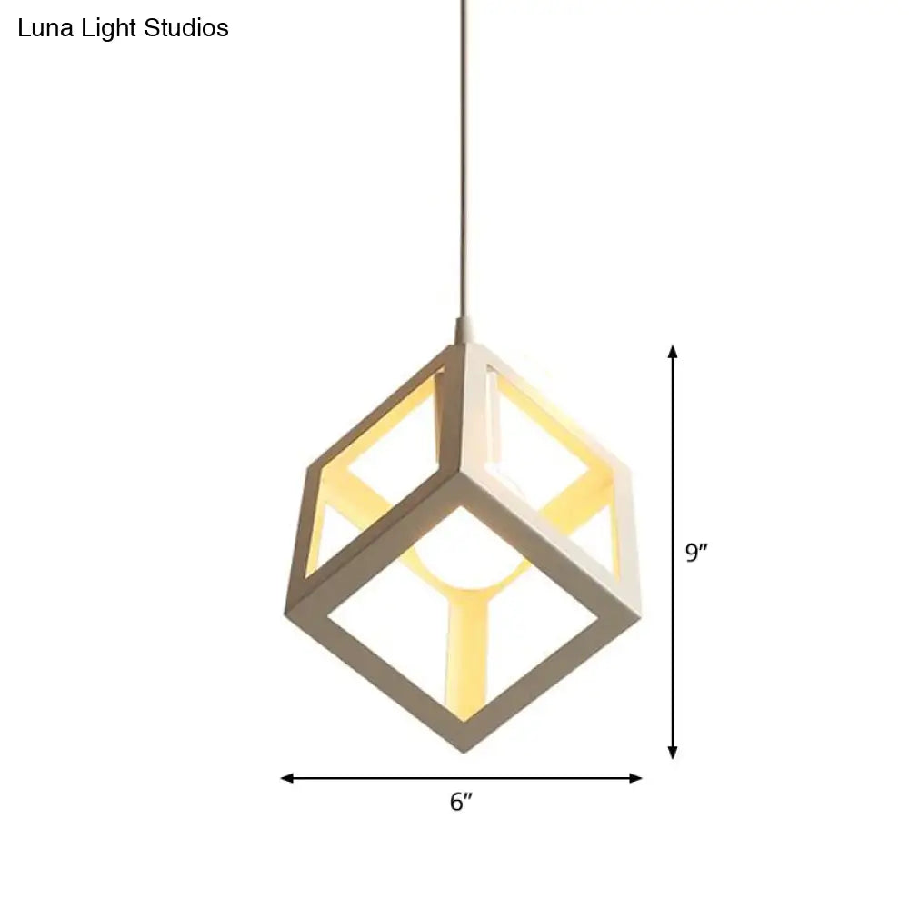 Nordic Cube Frame Metal Ceiling Pendant Light In White - 1-Head Down Lighting