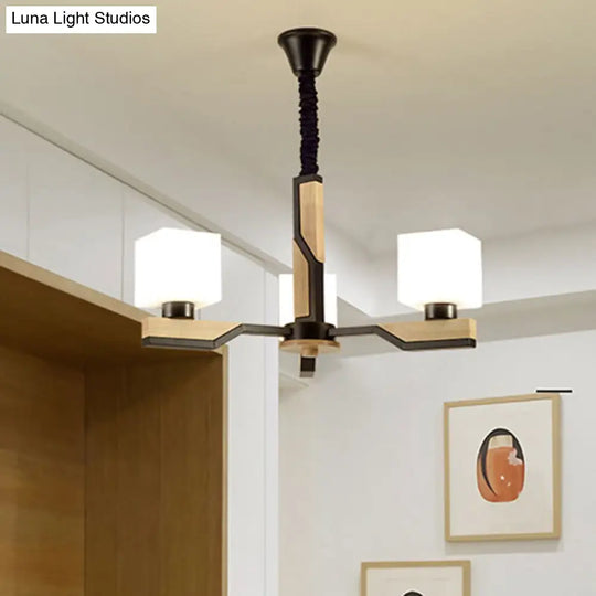 Nordic Cube Shade Hanging Lamp - Wooden Chandelier For Living Room 3 / Black