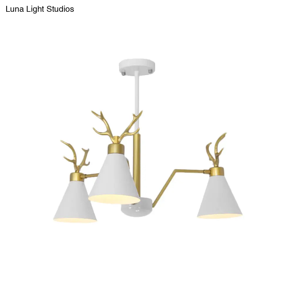 Nordic Deer Horn Cone Hanging Lamp: 3-Light Metal Chandelier For Cafes & Restaurants