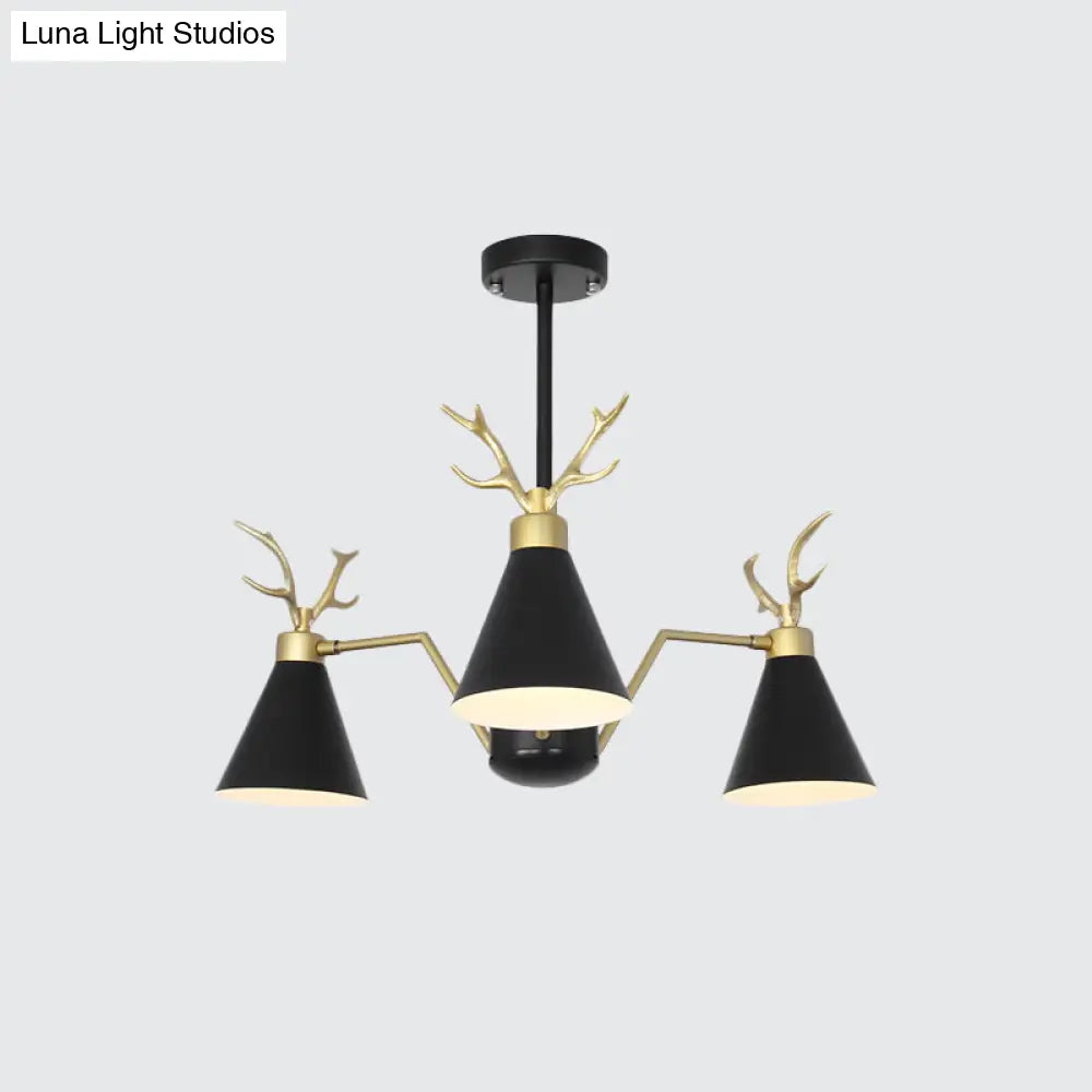 Nordic Deer Horn Cone Hanging Lamp: 3-Light Metal Chandelier For Cafes & Restaurants
