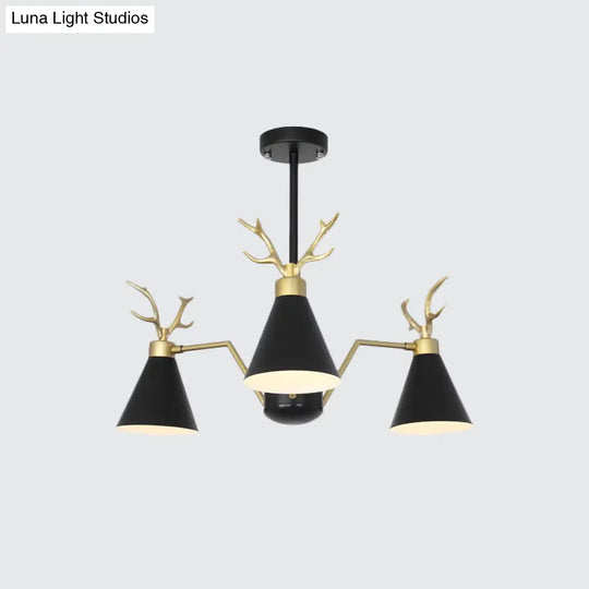 Nordic Deer Horn Cone Hanging Lamp: 3-Light Metal Chandelier For Cafes & Restaurants
