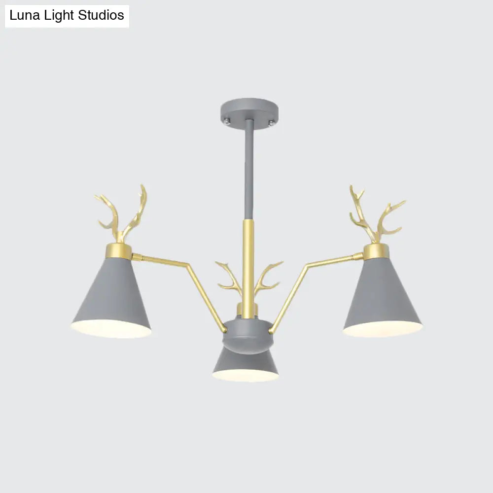 Nordic Deer Horn Cone Hanging Lamp: 3-Light Metal Chandelier For Cafes & Restaurants