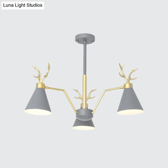 Nordic Deer Horn Cone Hanging Lamp: 3-Light Metal Chandelier For Cafes & Restaurants