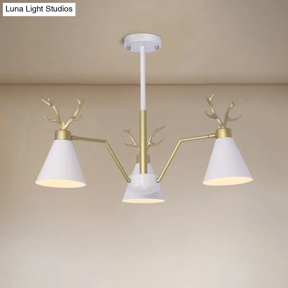 Nordic Deer Horn Cone Hanging Lamp: 3-Light Metal Chandelier For Cafes & Restaurants