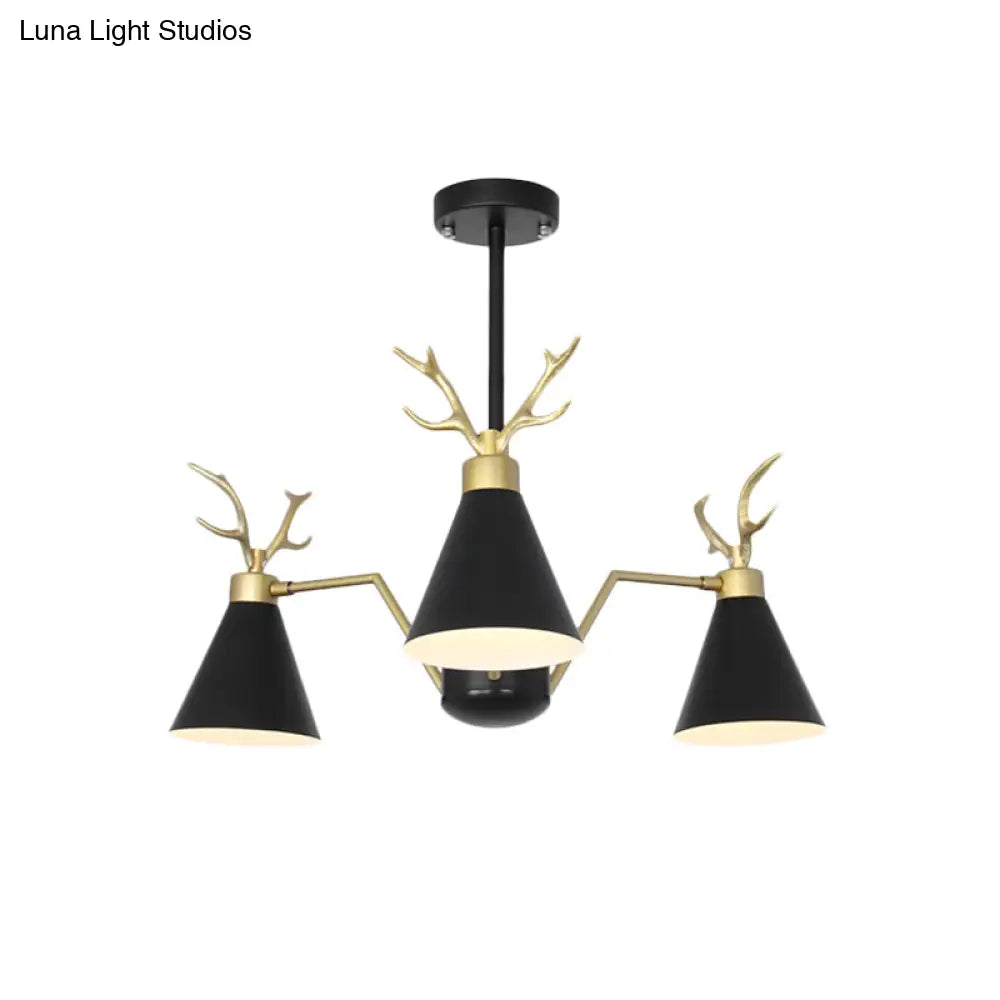 Nordic Deer Horn Cone Hanging Lamp: 3-Light Metal Chandelier For Cafes & Restaurants