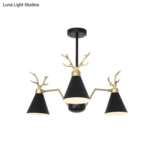Nordic Deer Horn Cone Hanging Lamp: 3-Light Metal Chandelier For Cafes & Restaurants