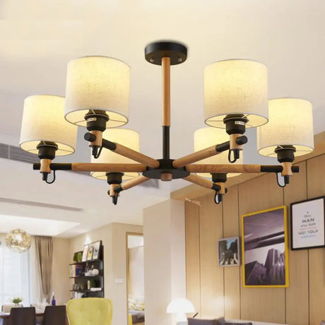 Nordic Fabric 6-Light Drum Pendant Chandelier For Bedroom - Black/White Black