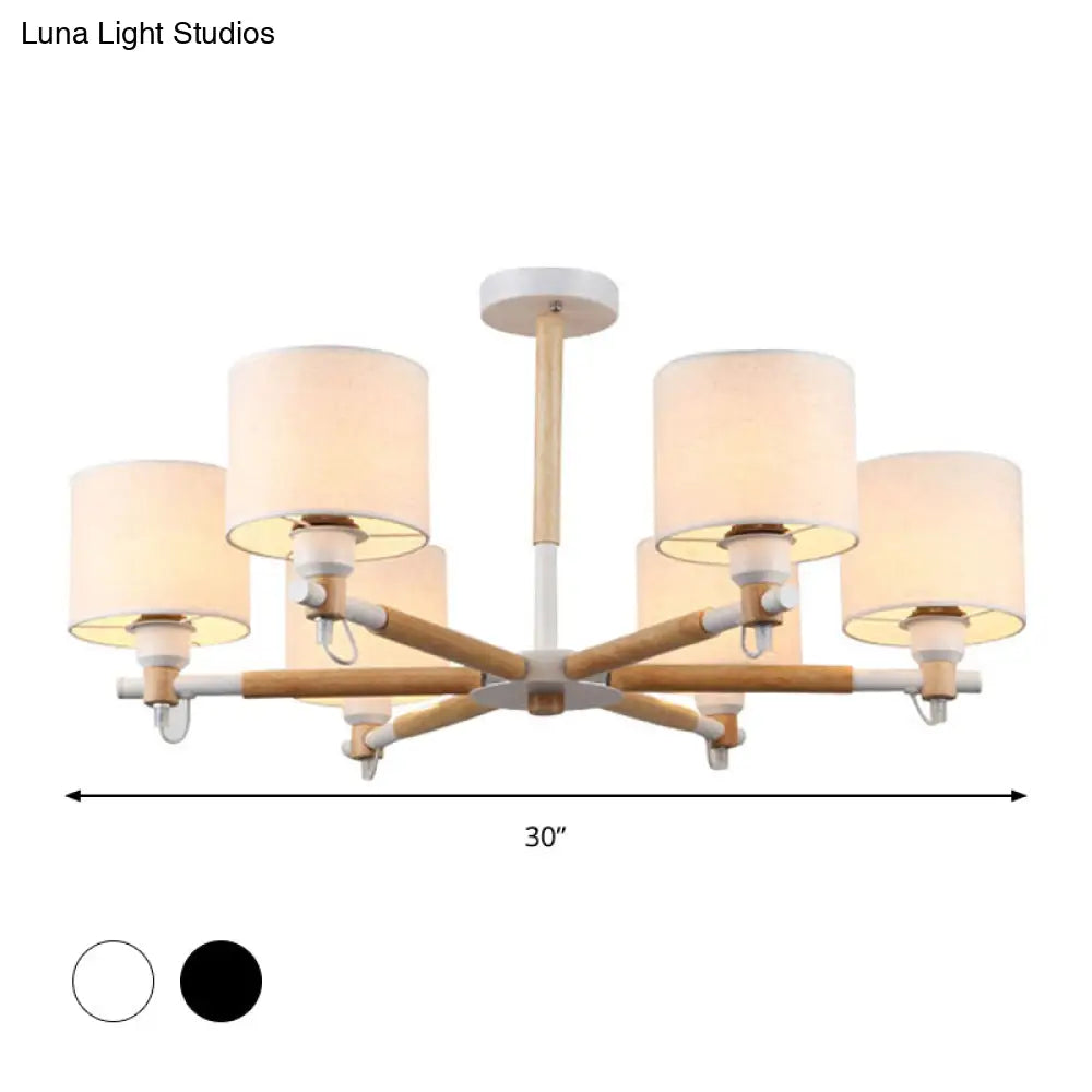 Nordic Fabric 6-Light Drum Pendant Chandelier For Bedroom - Black/White