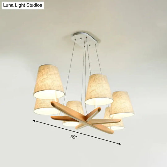 Nordic Flaxen Tapered Chandelier With 6 Fabric Pendant Lights For Dining Room