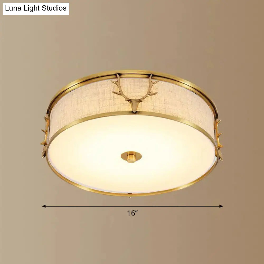 Nordic Foyer Charm: Fabric Drum Flush Mount Ceiling Light With Decorative Antler Accents