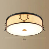 Nordic Foyer Charm: Fabric Drum Flush Mount Ceiling Light With Decorative Antler Accents Black /