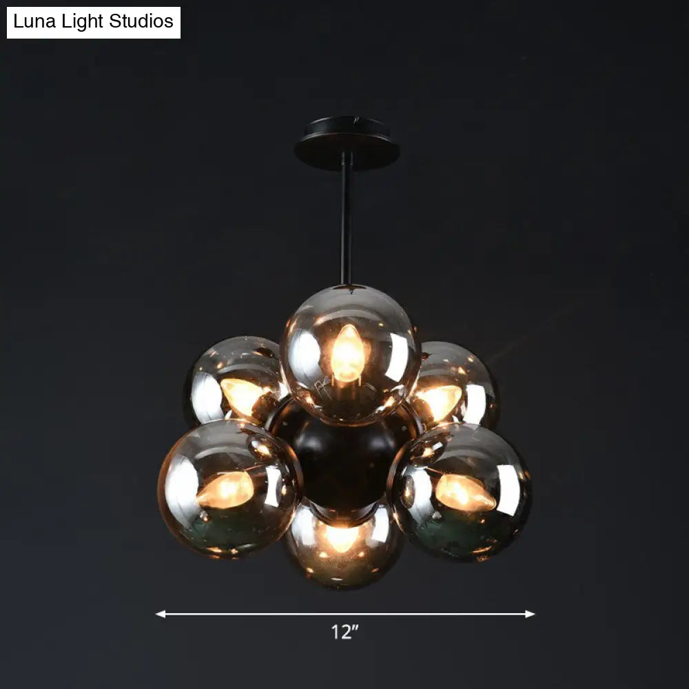 Nordic Bubble Glass Pendant Chandelier: Sleek 6-Bulb Black Hanging Light For Bedroom Smoke Gray