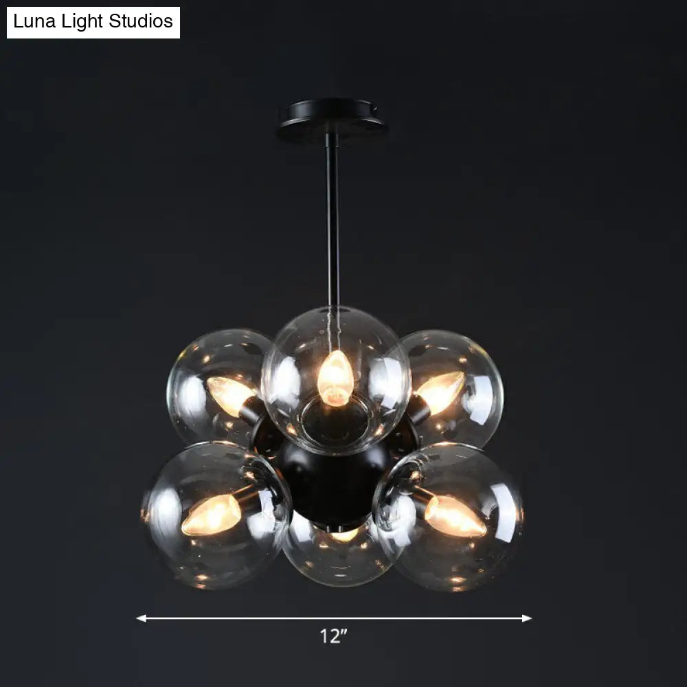Nordic Bubble Glass Pendant Chandelier: Sleek 6-Bulb Black Hanging Light For Bedroom Clear